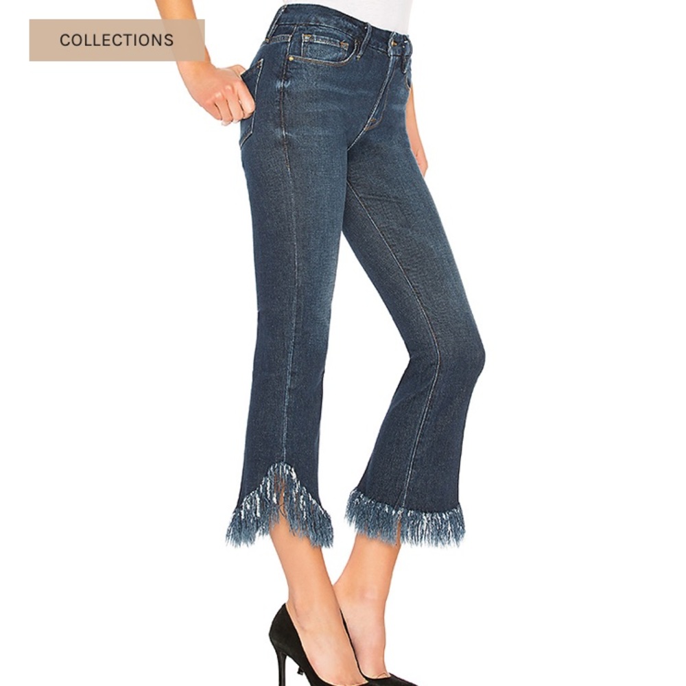 Frame Denim Blue Cropped Jeans with Fringe Hem